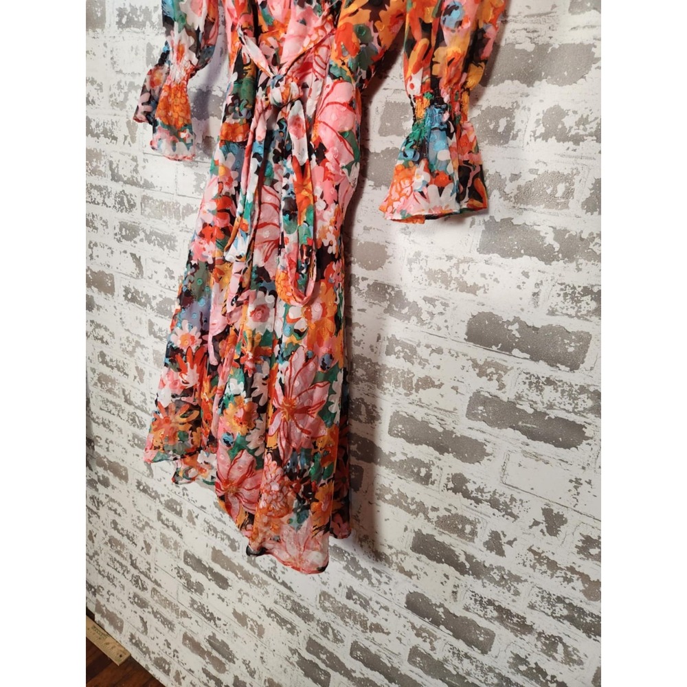 Tahari Arthur S. Levine Faux Wrap Dress Size 8 Red Pink Floral Belted 3/4 Sleeve - Picture 6 of 16